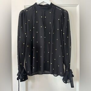 Ann Taylor Black w/ Gold Polka Dots L/S Blouse with Tie Detail Size M